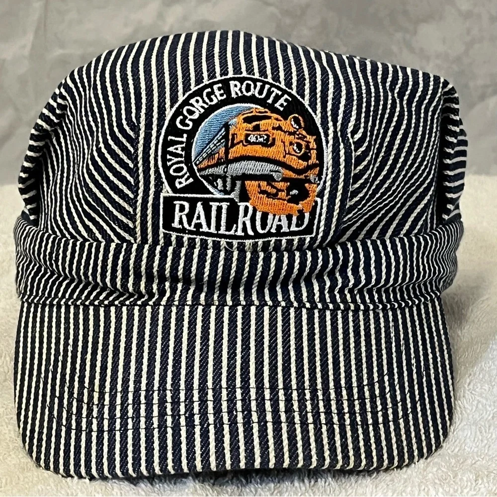 Striped Conductor Hat with Royal Gorge Route Railroad Cap Embroidered Patch